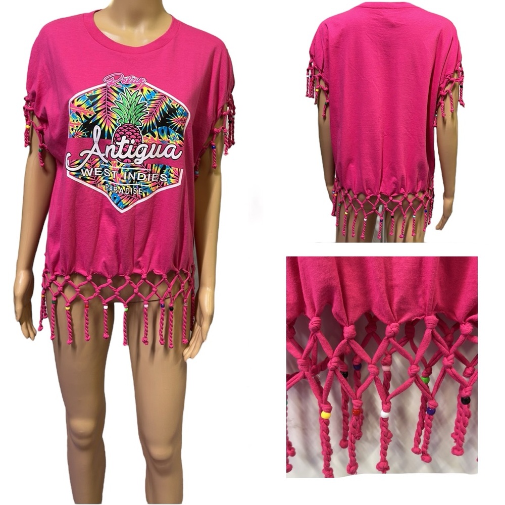 Antigua West Indies Beaded Fringed Pink Caribbean Pink Graphic Tee Womens XL - Picture 2 of 14